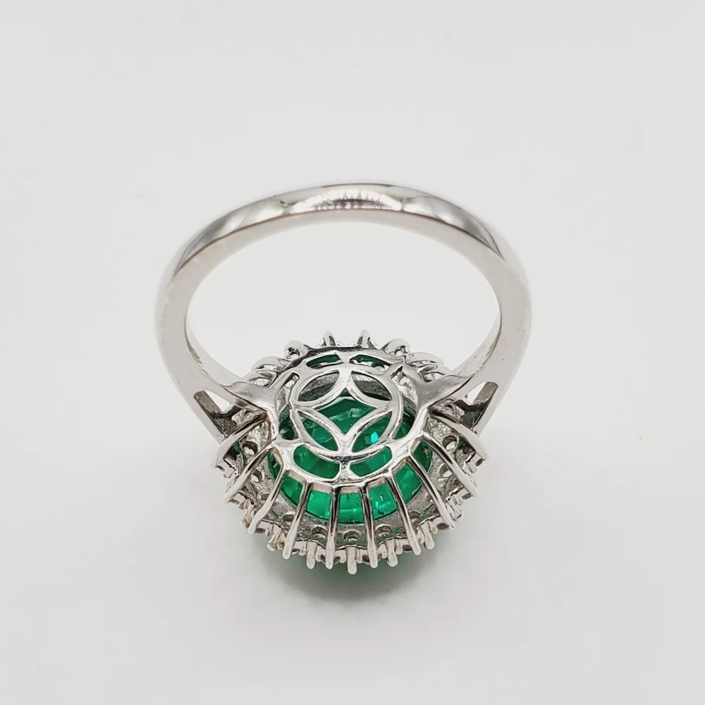 Emerald Green Quartz & White Zircon Halo Ring Platinum - 925 Sterling Silver